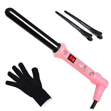 Imagem de Le Angelique Varinha de Cachos de cerâmica de 3,5 cm para ondas de praia, cachos curtos e longos - 25 mm Modelador profissional Clipless com luva e 2 clipes | Calor instantâneo 450F | Tensão dupla - Rosa