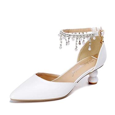 Imagem de Sandália feminina de prata média de baixo perfil salto tornozelo salto alto feminino escritório sapatos de casamento brancos, Borla branca, 10.5