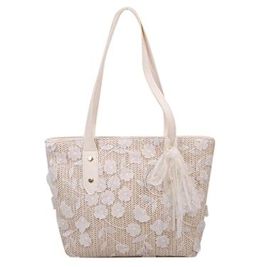 Imagem de Sacola de palha feita à mão para mulheres, praia, bonita, moderna, grande, bolsa de ombro de palha de praia, alça de couro com zíper, Branco, Large