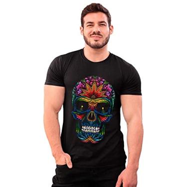 Imagem de Camiseta Algodão Caveira Mexicana Colorida Shap Life T-Shirt Cor:Preto;Tamanho:GG