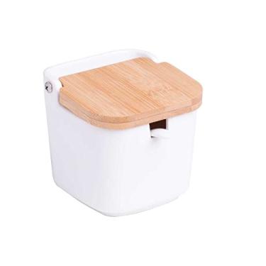 Imagem de LYOR - Saleiro de Mesa de Cerâmica com Tampa de Bambu e Colher Bianco 9cm x 9cm x 8,5cm
