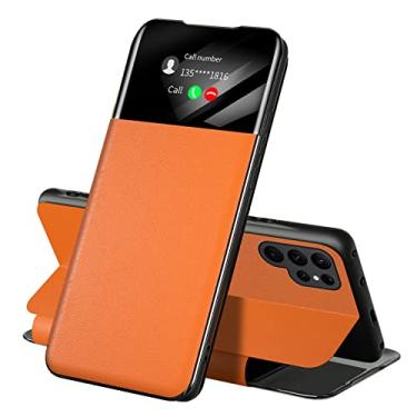 Imagem de KVIBEO Capa para Samsung Galaxy S23 Ultra/S23 Plus/S23, capa fólio com função de visualização de janela e hibernação automática antiarranhões à prova de choque, laranja, S23Plus