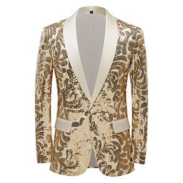 Imagem de Blazer de lantejoulas masculino floral terno jaqueta um botão casaco de lapela festa casamento roupas de formatura slim fit cor sólida casaco casual, ouro, M (busto: 109cm)
