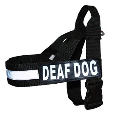 Imagem de Correia de nylon para cães surdos com guia de instruções de uso para cães vem com 2 adesivos removíveis surdos reflexivos. Meça o seu cão antes de fazer o pedido.Doggie Stylz Medium Fits Girth 22-29" preto STRAPHarnDEAFDOG