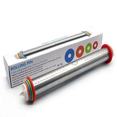 Imagem de Rolo com 4 anéis de espessura removíveis, rolo de massa francesa ajustável de aço inoxidável e tapete antiaderente para assar fondant, pizza, tortilha, massa, torta, pastelaria e biscoitos