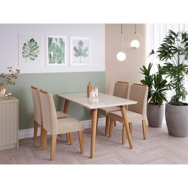 Imagem de Conjunto de Mesa de Jantar Adele com Tampo de Vidro Off White e 4 Cadeiras Estofadas Clarice Suede Nude e Madeira