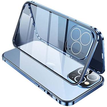 Imagem de KANUZ Capa para Apple iPhone 14 Pro Max 6,7 polegadas 2022, vidro temperado de dupla face magnética HD [estrutura de para-choque de metal] capa de telefone (cor: azul)
