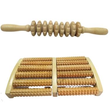 Imagem de Kit Massageador Para os Pés Duplo Rolo Grande e Massageador Corporal Rolo - Massageador Manual de Madeira - Fisioterapia Relaxamento Muscular- Anti Stress - Alívio Dores Pés