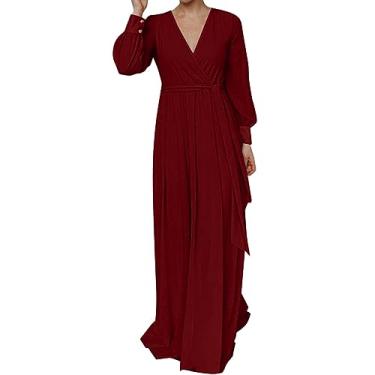 Imagem de UIFLQXX Vestido longo feminino plus size outono manga longa cor sólida decote em V vestido de noite com cinto, Vinho, 3G