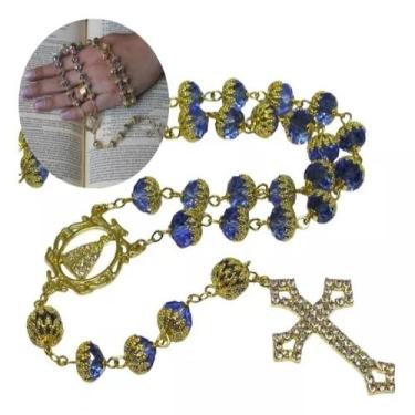 Imagem de Terço De Cristal Austríaco Azul Claro 8x6mm - Folh. Ouro 18k (Rosário Católico)