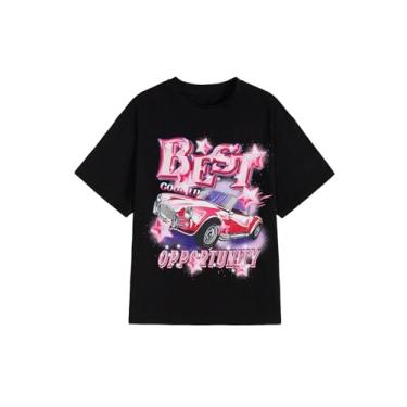 Imagem de SOLY HUX Camiseta feminina com estampa gráfica de carro e carta casual verão manga curta top, Gráfico de letra preta, G