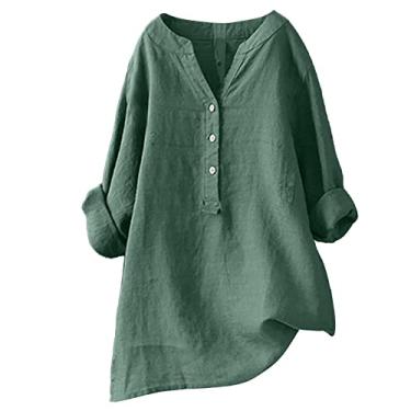 Imagem de Camisa feminina de linho de algodão com botões cor sólida solta plus size camisa social gola V manga longa feminina verão tops, 1a2-verde, 4G