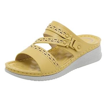 Imagem de CsgrFagr Moda de verão feminina slip on casual bico aberto anabela confortável sapatos de praia sandálias chinelos saltos, Amarelo, 36