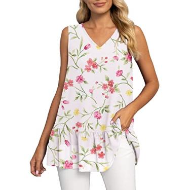 Imagem de Regata feminina de verão, plissada, gola V, sem mangas, folgada, de chiffon Hawailan, túnica, #03 Rosa floral, XXG