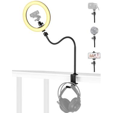 Imagem de Anel de luz para webcam com suporte de braçadeira, suporte de braço de webcam de 61 cm com luz de selfie de 25 cm e gancho de fone de ouvido compatível com webcams Logitech C920 C922 C930 StreamCam