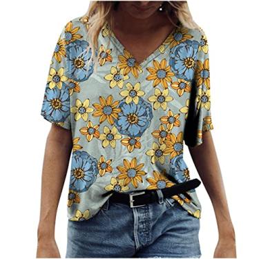 Imagem de Camisas femininas para outono verão manga curta gola V margarida floral gráfico solto blusas femininas 2024, Z-967 amarelo mostarda, G