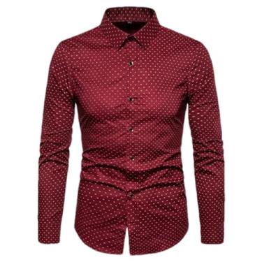 Imagem de ZMIN Roupas masculinas de outono slim fit camisa masculina manga longa camisa masculina de bolinhas casual social, Vinho tinto, 3G