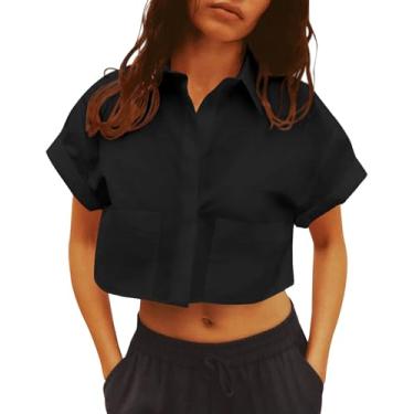 Imagem de Tankaneo Camisetas femininas de botão cropped de manga curta com bolsos, Preto, G