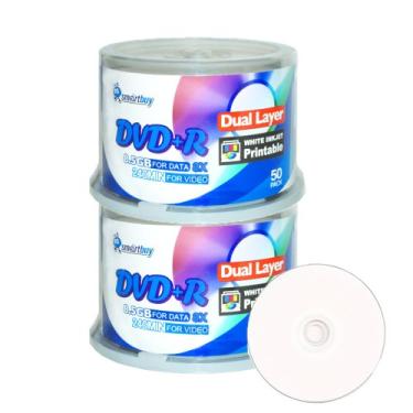 Imagem de Smart Buy Pacote com 100 DVD+r Dl 8.5gb 8X DVD Plus R Impressão de camada dupla Branco Jato de tinta Mídia gravável de dados 100 discos Spindle