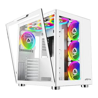 Imagem de Apevia Prism-Elite-WH Prism Elite Mid Tower ATX Gaming PC Cube Case c/ 7X 120 mm PWM ARGB Ventiladores, 366 modos RGB, painéis duplos de vidro temperado, suporte de radiador de 360 mm, 2 USB 3.0, 2 USB 2.0, branco