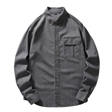 Imagem de Camisa jeans masculina, manga comprida, cor lisa, gola aberta, bolso frontal, ombro caído, Cinza, XG