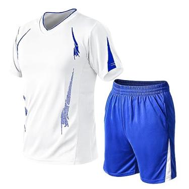 Imagem de Conjunto curto masculino de gola redonda, cor sólida, terno de camisa polo de secagem rápida, roupa de 2 peças, Branco, X-Large