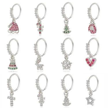 Imagem de KARYOKO 12 peças de anel de nariz com pingente de natal de zircão colorido para árvore de Natal, sinos, floco de neve, forma de pirulito, anéis de argola para nariz para mulheres e meninas joias de piercing de nariz, Metal, Zircônia cúbica