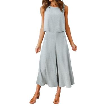 Imagem de ROYLAMP Conjunto de 2 peças de calça feminina de verão com gola redonda, top cropped básico e pernas largas, V: Ponto suíço azul cinza, XX-Large