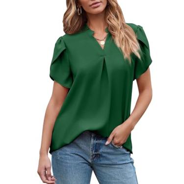 Imagem de EVALESS Blusas femininas elegantes casuais de chiffon para trabalho de negócios tops verão decote em V lindas camisetas de manga curta com pétalas soltas, Verde escuro, GG