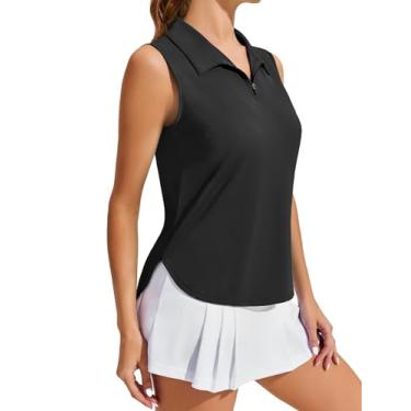 Imagem de PINSPARK Camiseta feminina de golfe, sem mangas, FPS 50+, tênis, gola V, secagem rápida, atlética, gola 1/4, regata para treino, Preto, G