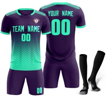 Imagem de Camiseta de futebol personalizada para homens, mulheres e crianças, camisetas e shorts de futebol personalizados com logotipo de número de nome, Roxo escuro e verde - 12, One Size