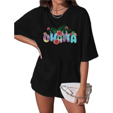 Imagem de Camisetas havaianas femininas Ohana floral tropical hibisco floral camiseta manga curta, Cinza escuro, P