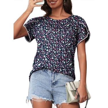 Imagem de Bellcoco Camisetas femininas de verão casual gola redonda blusa de renda crochê manga curta linda estampa floral túnica solta tops, Floral azul-marinho, M