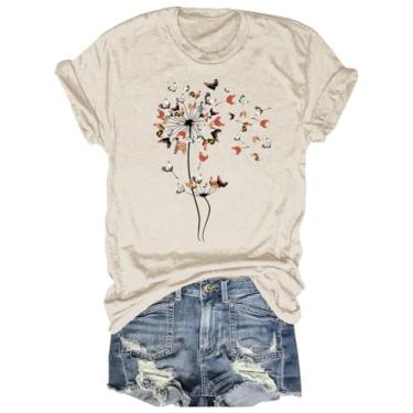 Imagem de Camisetas femininas com estampa de dente-de-leão para meninas adolescentes e amantes de flores silvestres, Galinha-bege, M