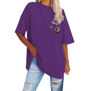 Imagem de Camiseta feminina de conscientização de Alzheimer, casual, gola redonda, sem mangas, estampa de flores, camiseta de verão, na moda, Roxa, XXG