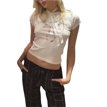 Imagem de E-Girl Fairycore camiseta manga cavada laço gola quadrada patchwork slim fit crop tops Y2K streetwear, Laço branco, M