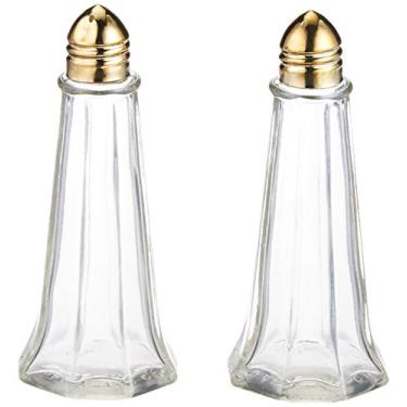 Imagem de Saleiro e pimenteiro clássico estilo torre de 28 g (onças), coqueteleira de restaurante, topo dourado polido, corpo de vidro - conjunto de 2