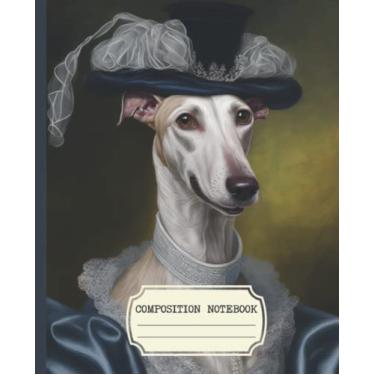 Imagem de Caderno de composição: faculdade de estética vintage pautada com design de capa de cachorro galgo