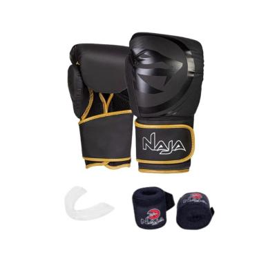 Imagem de Kit Boxe Naja Black Line Luva Bandagem Protetor Bucal 14Oz