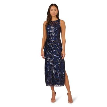 Imagem de Adrianna Papell Vestido longo feminino com lantejoulas e folhas, Azul marinho/preto, 52