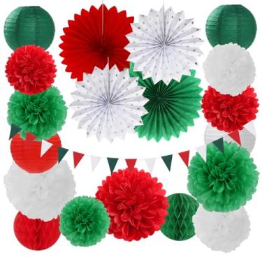 Imagem de Decorações de festa de Natal vermelho verde-branco - 20 peças de lanternas de papel italianas mexicanas, pompons de tecido, bolas de favo de mel, bandeja, aniversário, México, Itália, chá de bebê,