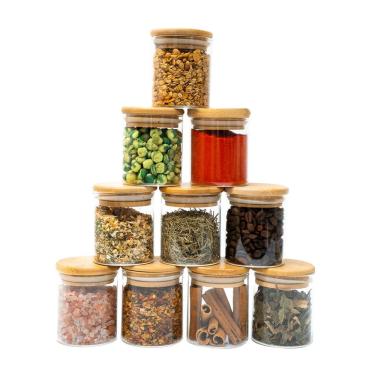 Imagem de Kit 10 potes de vidro 200ml tampa de bambu herméticos redondos - Tüd