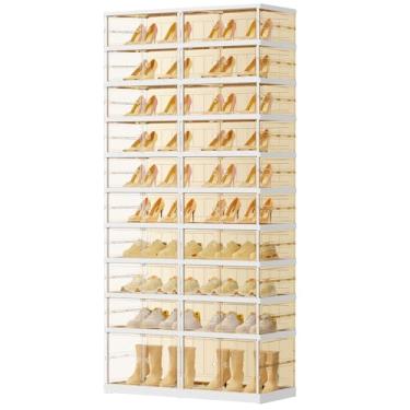 Imagem de EHAMILY 10 camadas, 20 a 40 pares, caixas de sapatos dobráveis grandes de plástico, organizador de sapatos dobrável para armário, prateleira de sapatos alta, transparente, empilhável, armário de