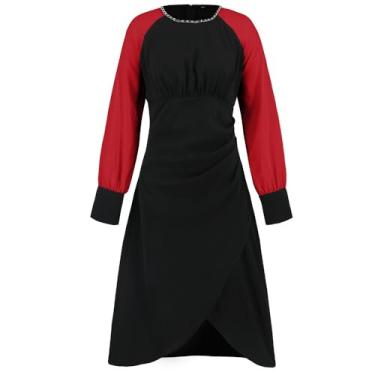 Imagem de YGJKLIS Vestido feminino elegante gola redonda evasê manga longa slim fit pulôver cintura alta vestidos longos com bainha alta baixa, Vermelho, G