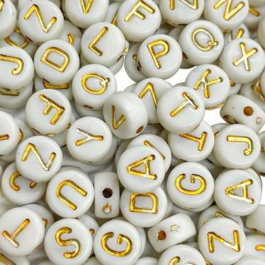 Imagem de 600un Missangas Brancas Redondas com Letras Douradas Alfabeto Para Faz