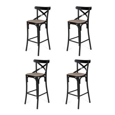 Imagem de Kit 4 Banquetas Katrina Premium em Aço Preto Assento Bege - MOVELARIA 