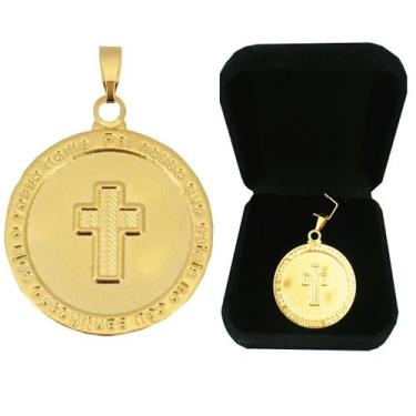 Imagem de Pingente Medalha Cruz Pai Nosso Religioso Semijoia Folheada a Ouro 18k