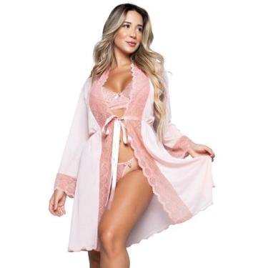 Imagem de Kit 3 Conjuntos Lingerie WLS Modas Sem bojo e Robe Sexy em Renda e Tul