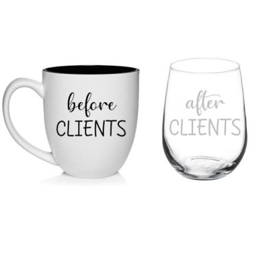 Imagem de Conjunto de 2 canecas de café brancas de vinho sem haste de 482 g e 473 ml, antes e depois, clientes engraçados para advogado, contador, consultor, terapeuta, assistente social, agente imobiliário,