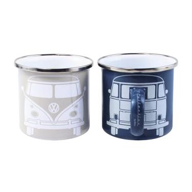Imagem de BRISA VW Collection - Volkswagen Samba Bus T1 Camper Van Esmalte Caneca de Café, Xícara de Chá Conjunto de 2 peças para Cozinha, Garagem, Escritório - Equipamento de Campismo / Ideia de Presente / Lembrança (Design: Azul/Cinza)